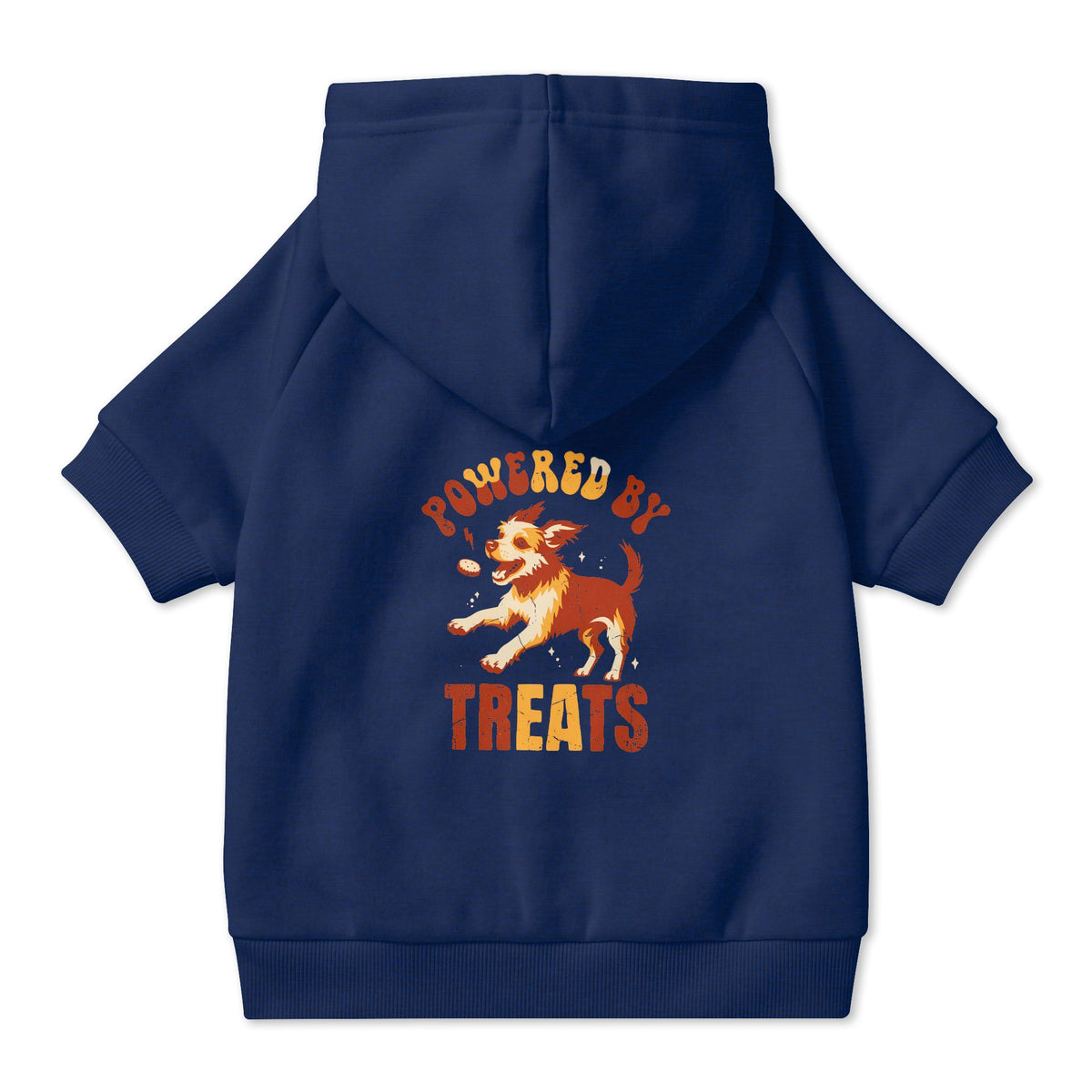 Powered by Treats Dog Hoodie in Navy, back view — SniffWaggleNWalk™