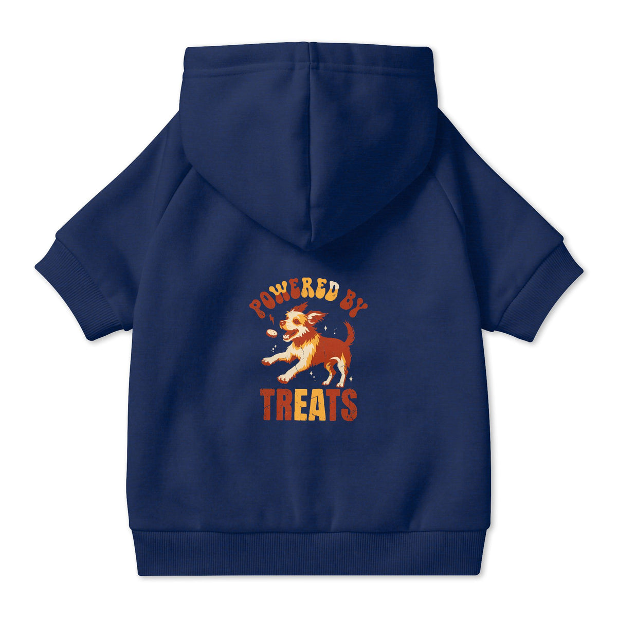 Powered by Treats Dog Hoodie in Navy, back view — SniffWaggleNWalk™