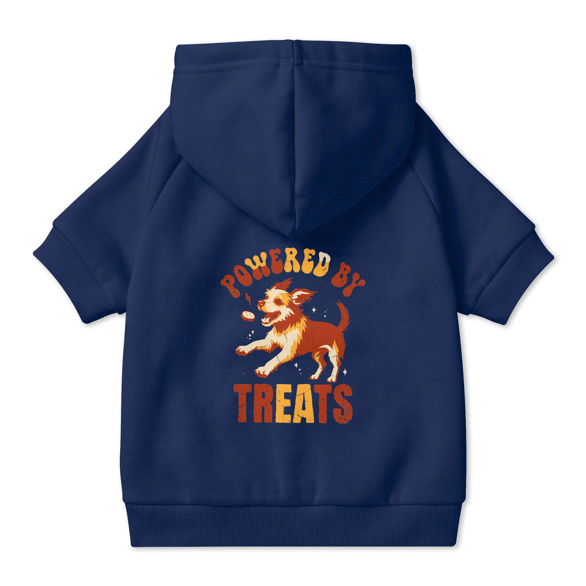 Powered by Treats Dog Hoodie in Navy, back view — SniffWaggleNWalk™