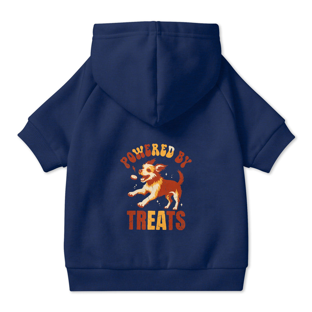 Powered by Treats Dog Hoodie in Navy, back view — SniffWaggleNWalk™