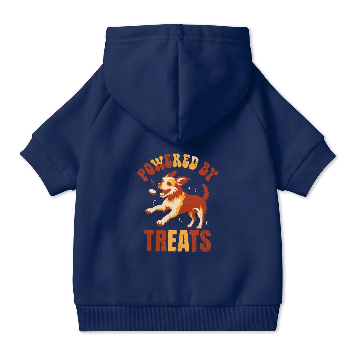 Powered by Treats Dog Hoodie in Navy, back view — SniffWaggleNWalk™