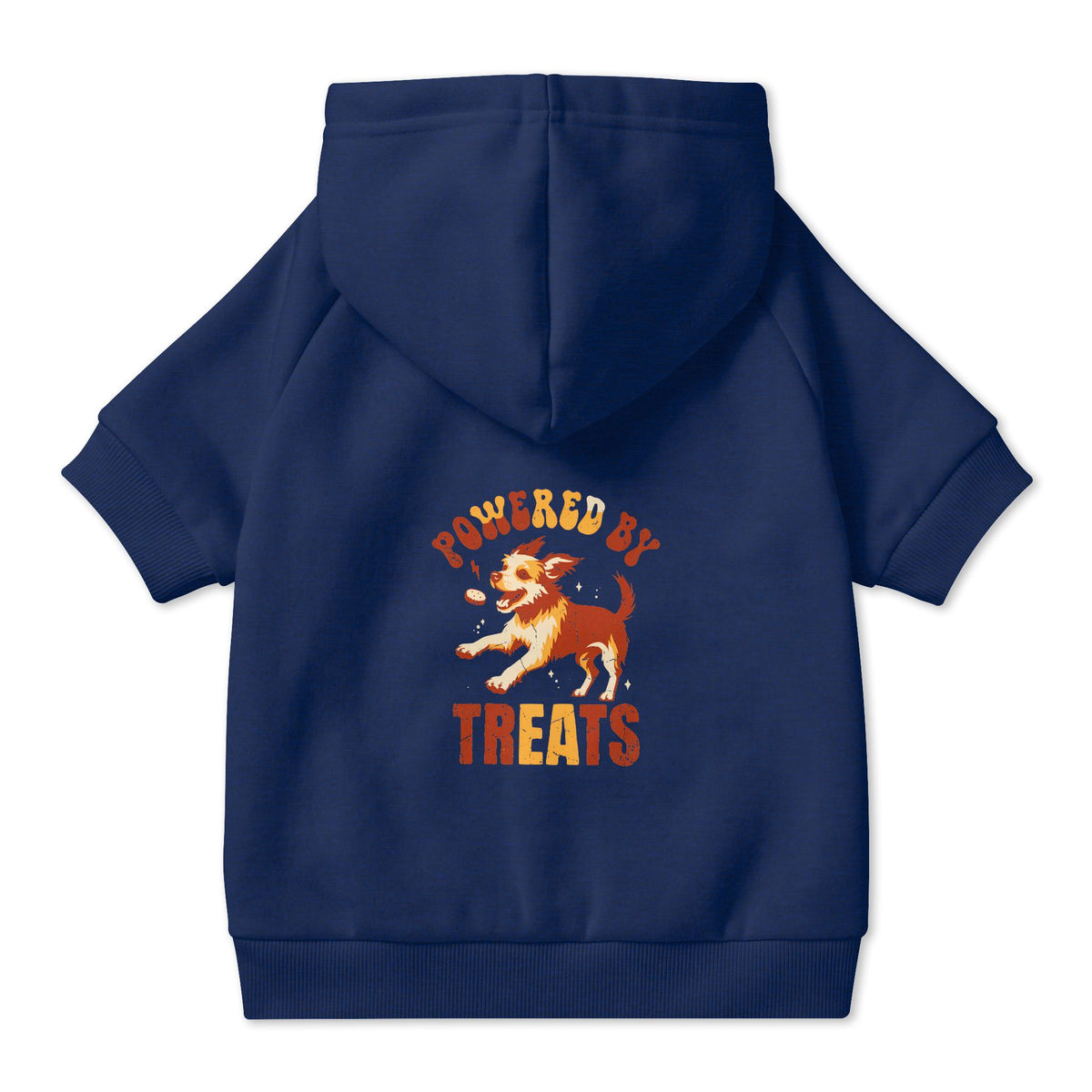 Powered by Treats Dog Hoodie in Navy, back view — SniffWaggleNWalk™
