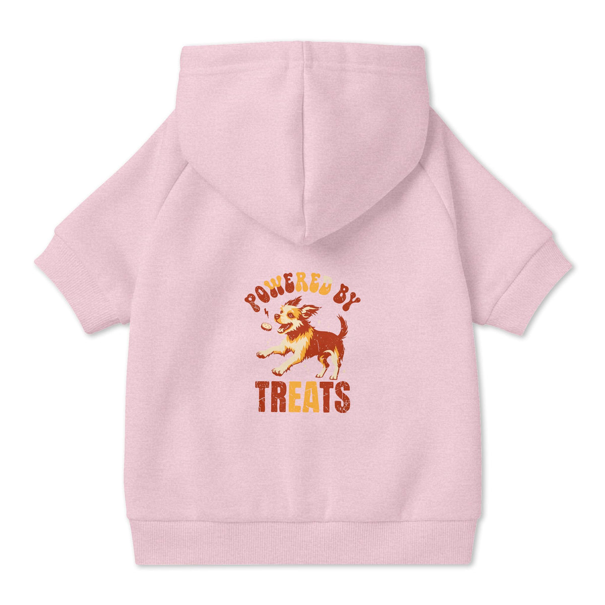 Powered by Treats Dog Hoodie in Pink, back view — SniffWaggleNWalk™