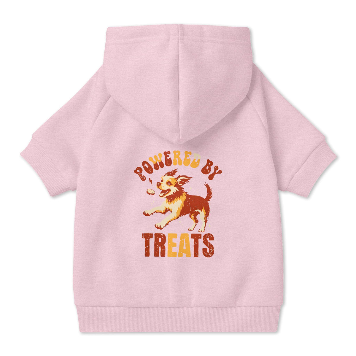 Powered by Treats Dog Hoodie in Pink, back view — SniffWaggleNWalk™
