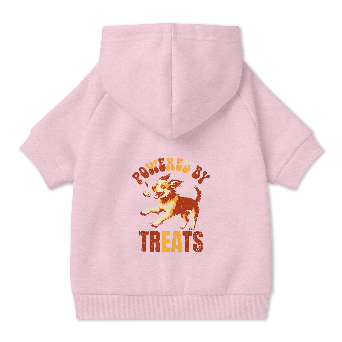 Powered by Treats Dog Hoodie in Pink, back view — SniffWaggleNWalk™