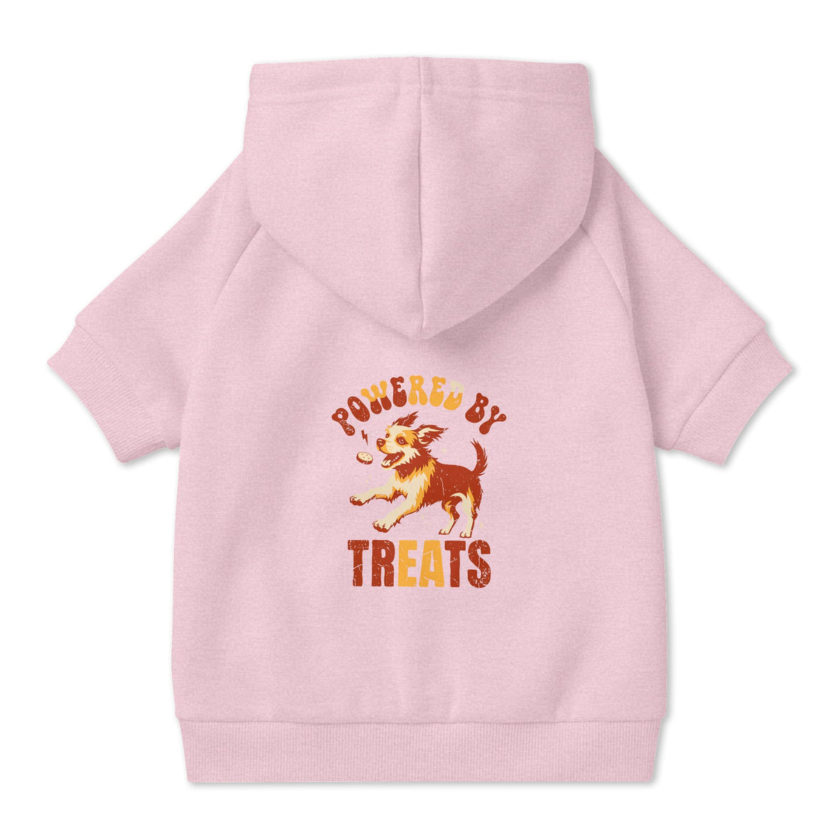 Powered by Treats Dog Hoodie in Pink, back view — SniffWaggleNWalk™