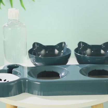 Cat Bowl Set with Gravity Water Bottle — Tilted Double Food Bowls, 3-in-1 | PawTrio™