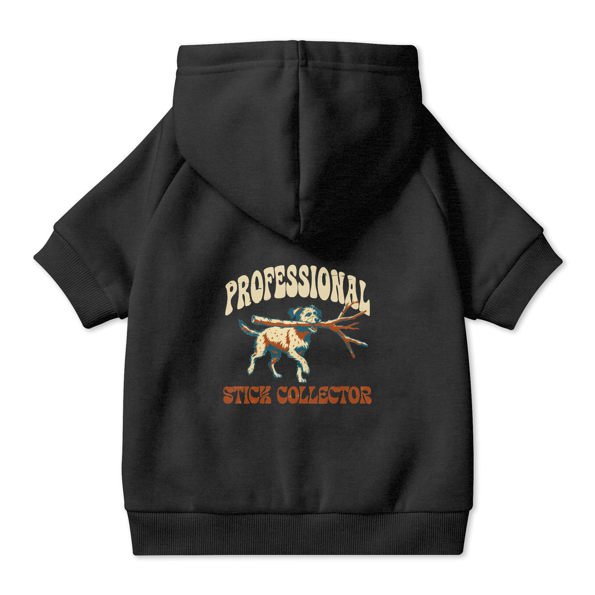 Professional Stick Collector Dog Hoodie in Black, back view — SniffWaggleNWalk™