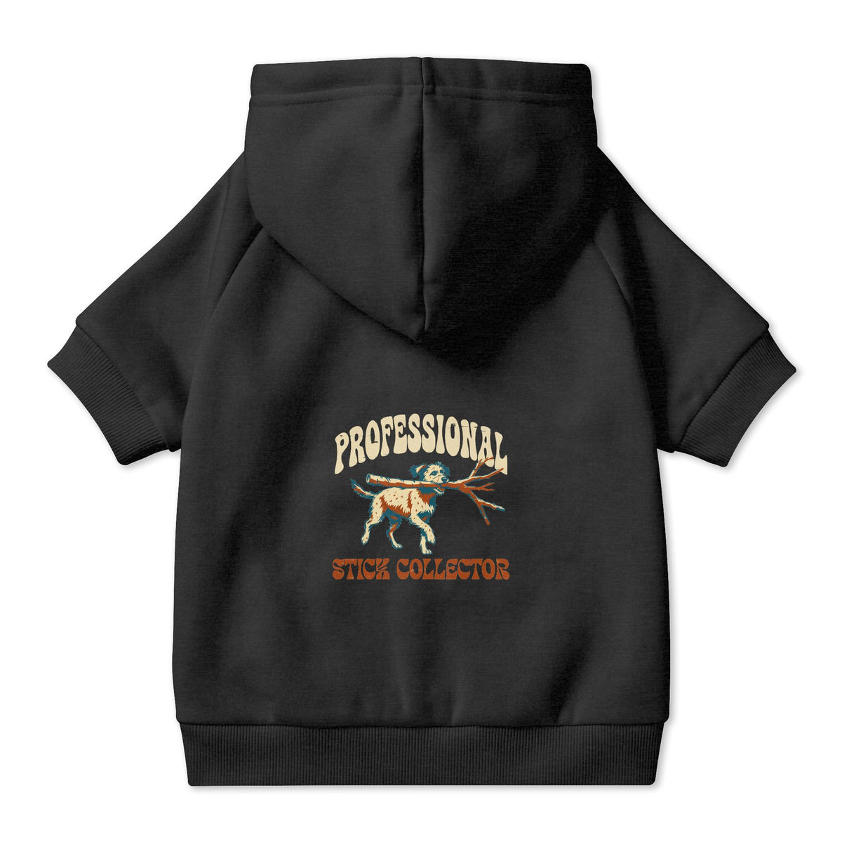 Professional Stick Collector Dog Hoodie in Black, back view — SniffWaggleNWalk™