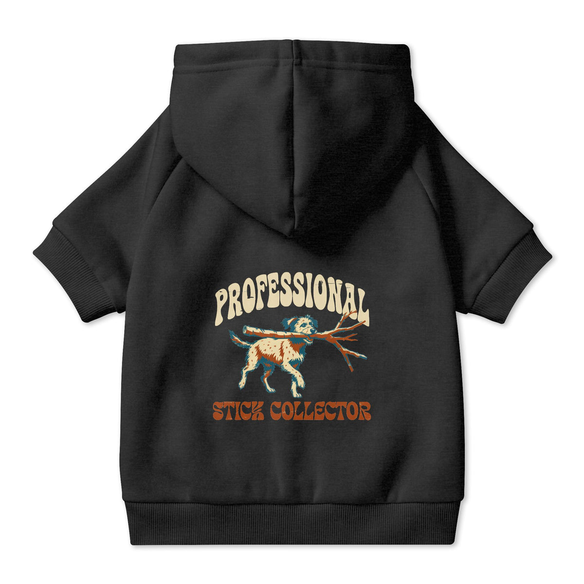 Professional Stick Collector Dog Hoodie in Black, back view — SniffWaggleNWalk™