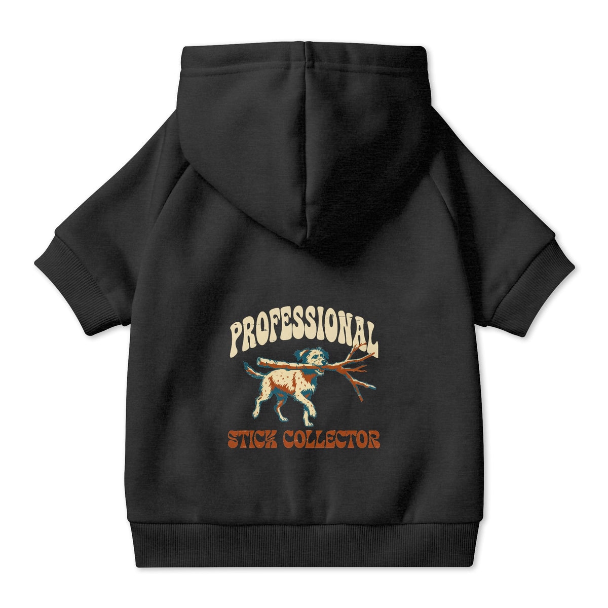 Professional Stick Collector Dog Hoodie in Black, back view — SniffWaggleNWalk™