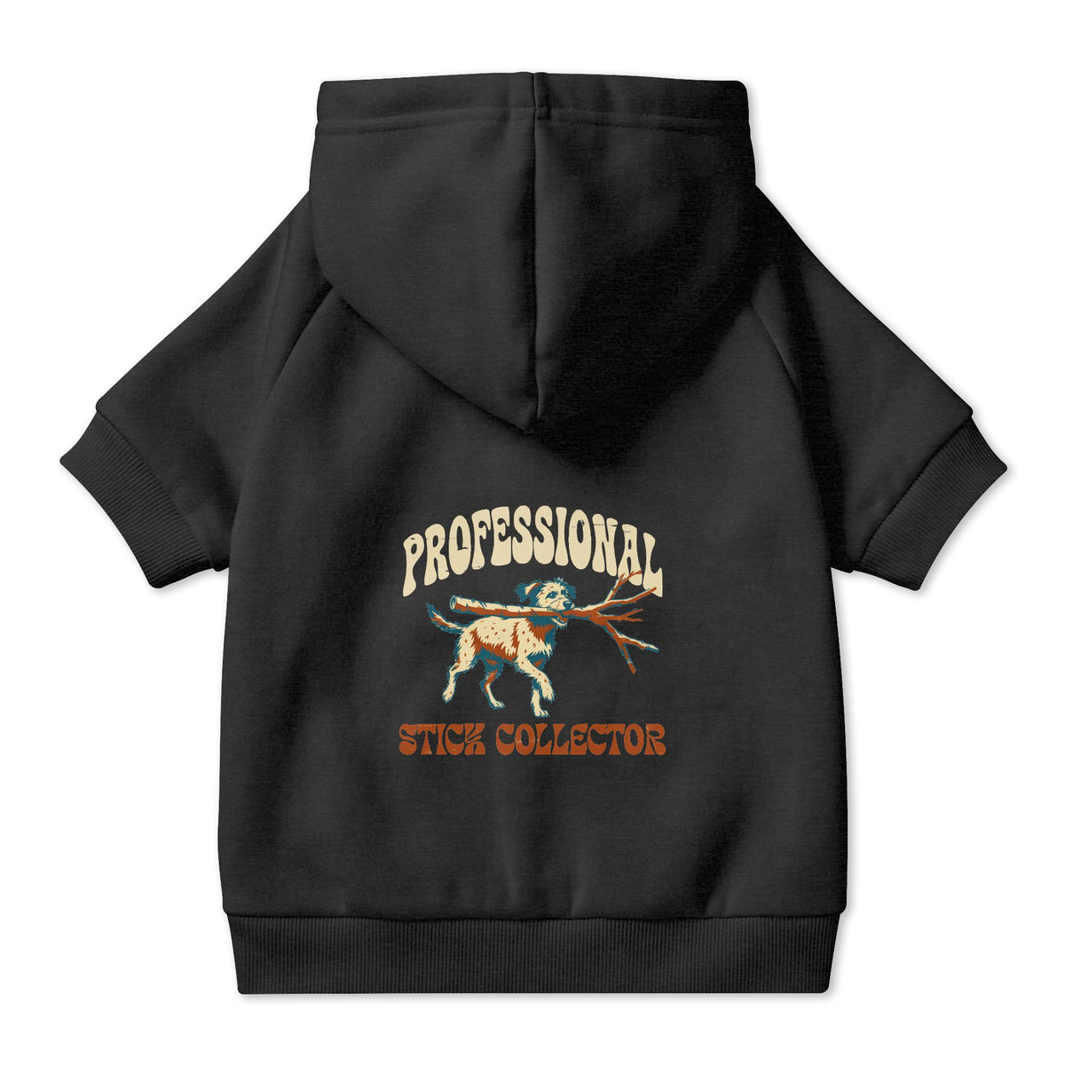 Professional Stick Collector Dog Hoodie in Black, back view — SniffWaggleNWalk™