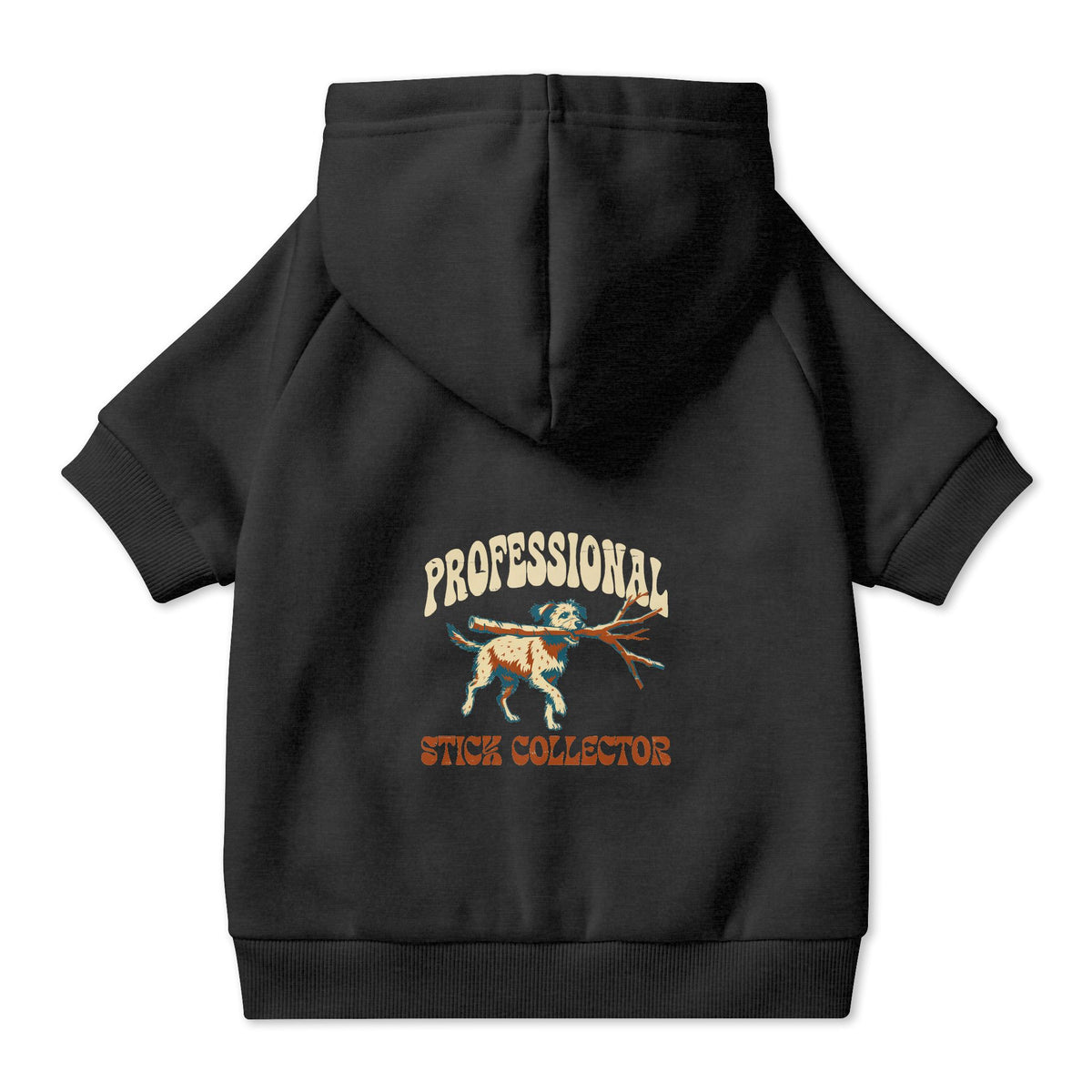 Professional Stick Collector Dog Hoodie in Black, back view — SniffWaggleNWalk™