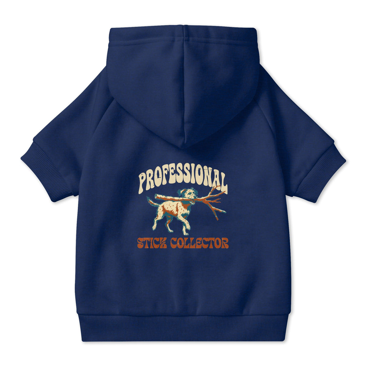 Professional Stick Collector Dog Hoodie in Navy, back view — SniffWaggleNWalk™