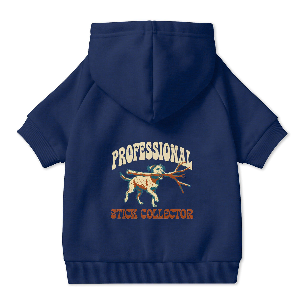 Professional Stick Collector Dog Hoodie in Navy, back view — SniffWaggleNWalk™