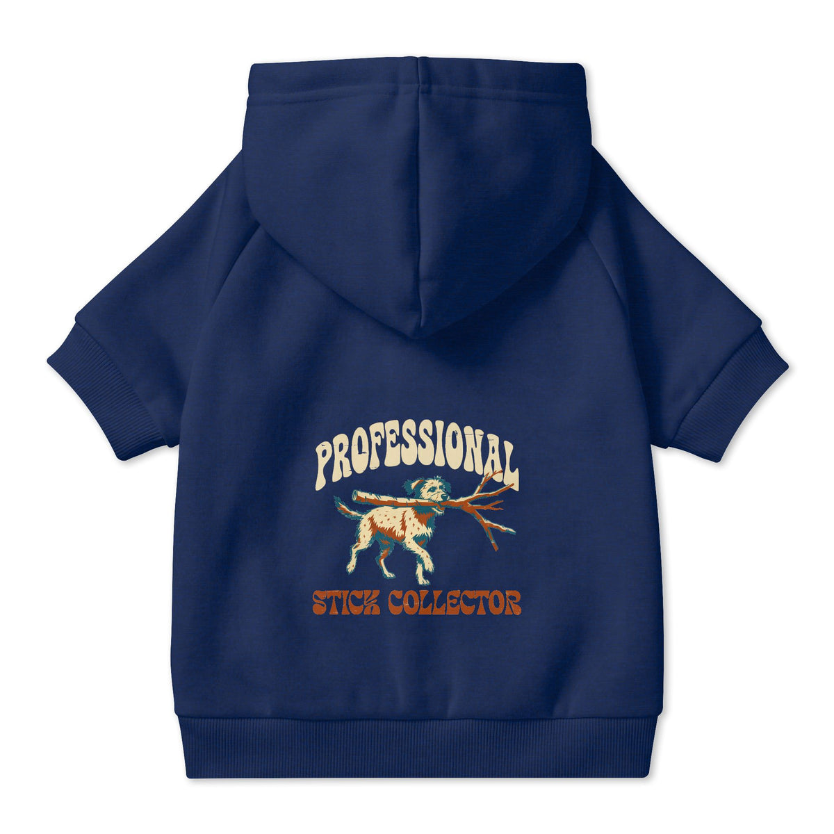 Professional Stick Collector Dog Hoodie in Navy, back view — SniffWaggleNWalk™