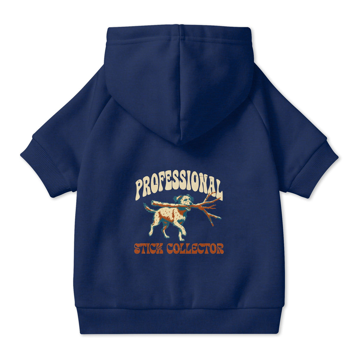 Professional Stick Collector Dog Hoodie in Navy, back view — SniffWaggleNWalk™