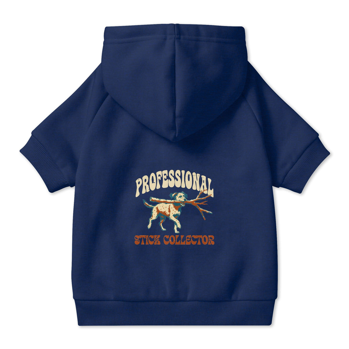 Professional Stick Collector Dog Hoodie in Navy, back view — SniffWaggleNWalk™
