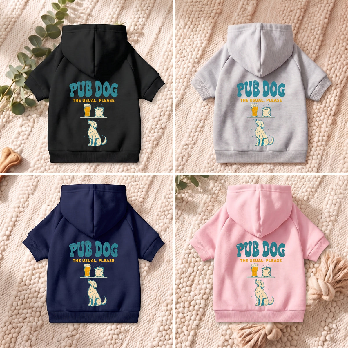 Pub Dog Dog Hoodie with collar hole in black, grey, navy and pink, flat-lay — SniffWaggleNWalk™