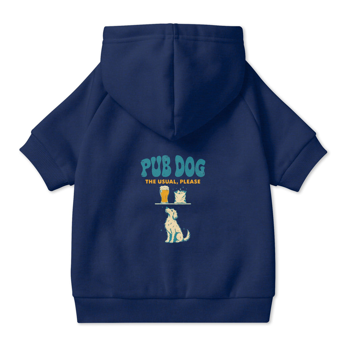 Pub Dog Dog Hoodie in Navy, back view — SniffWaggleNWalk™