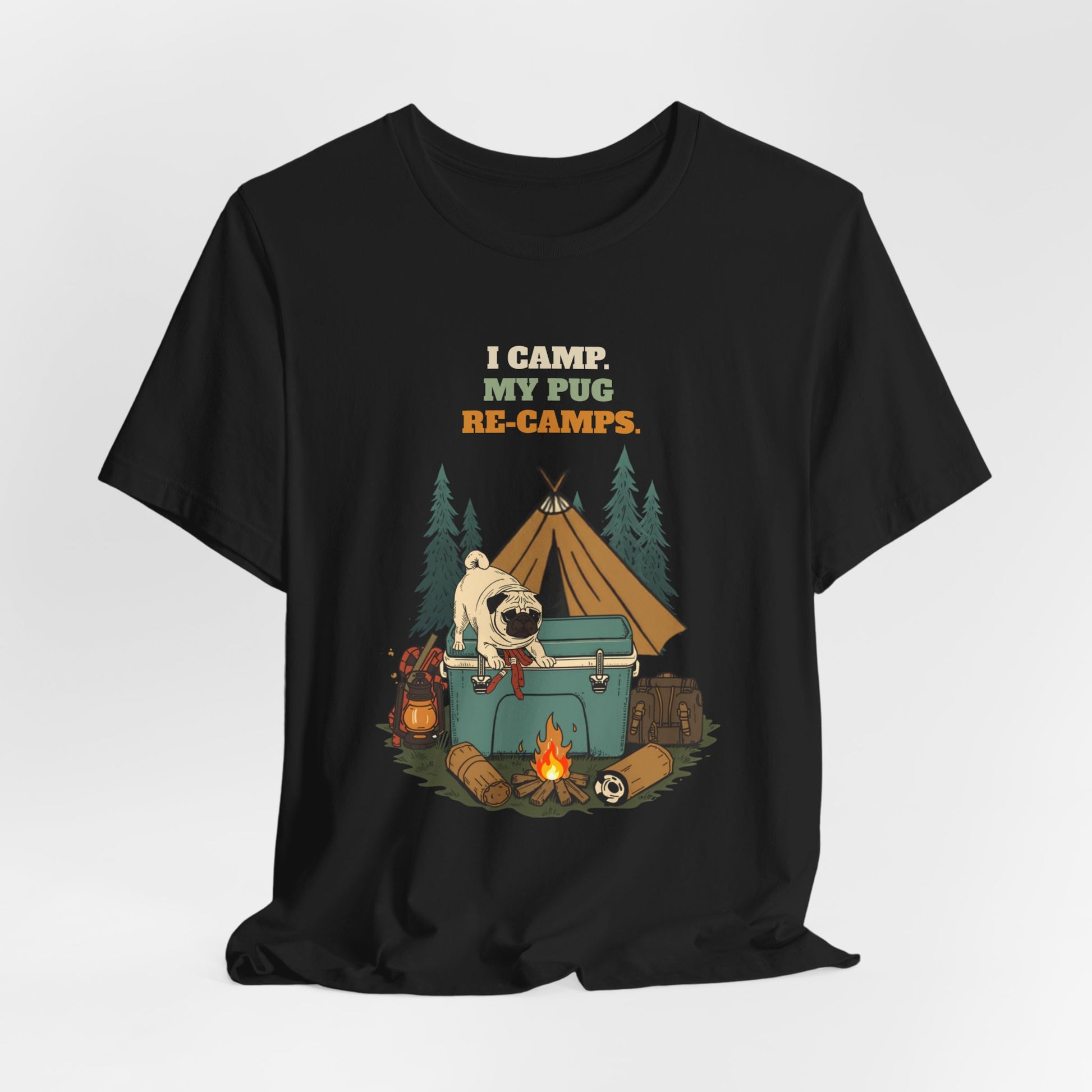 Pug camping t-shirt Black Heather colourway