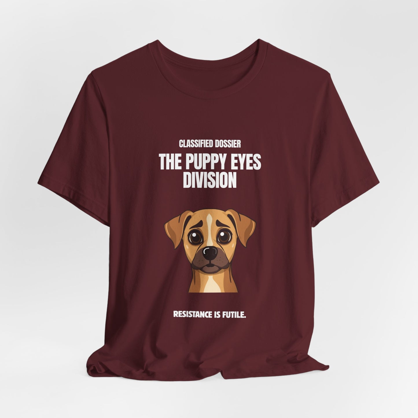Puppy Eyes Division dog tee close up graphic detail