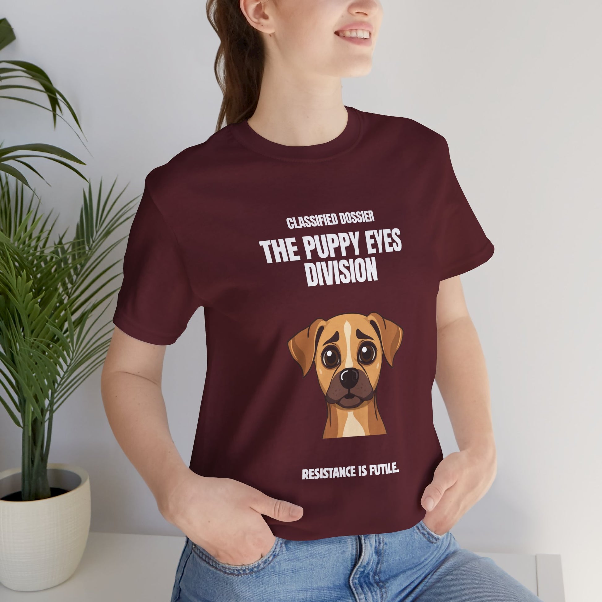 Puppy Eyes Division dog tee worn by model