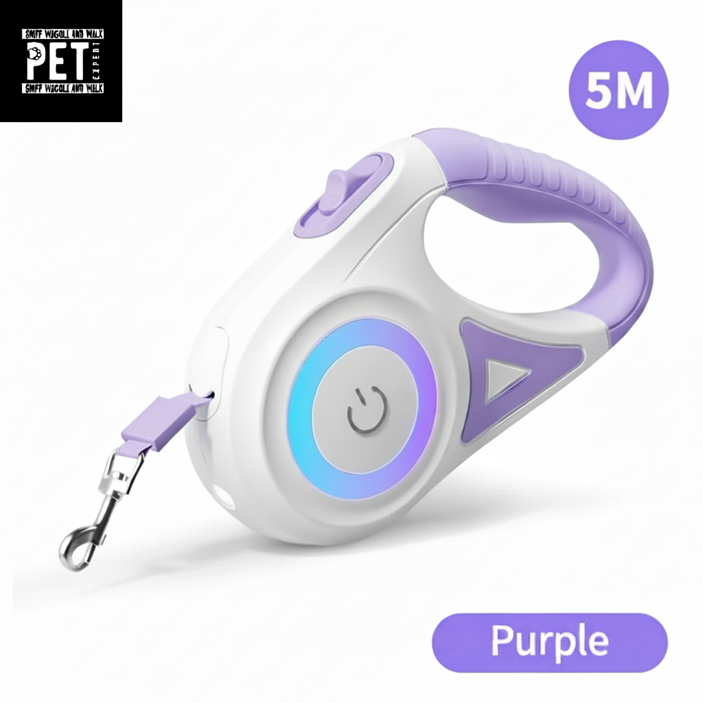 LumiLead™ 5m retractable LED dog lead in purple — full product shot showing handle, LED ring and retractable tape