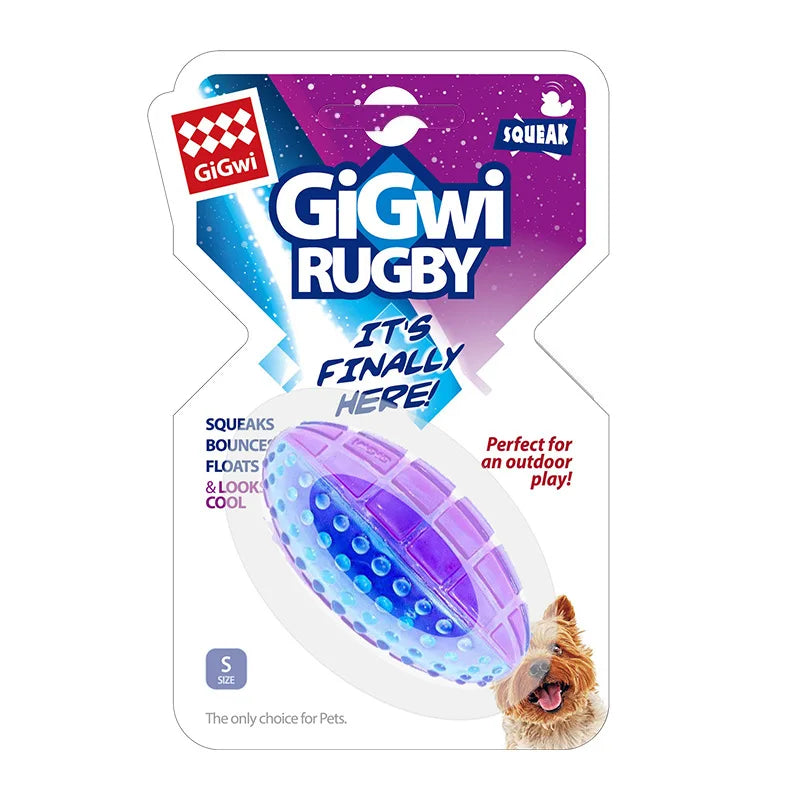 Purple GiGwi S ball dog toy in retail packaging — squeaks, bounces, floats