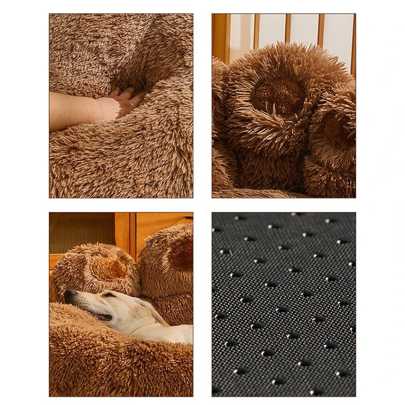 White cat sleeping on PoshPup PawCloud bear paw plush pet bed in brown — SniffWaggleNWalk