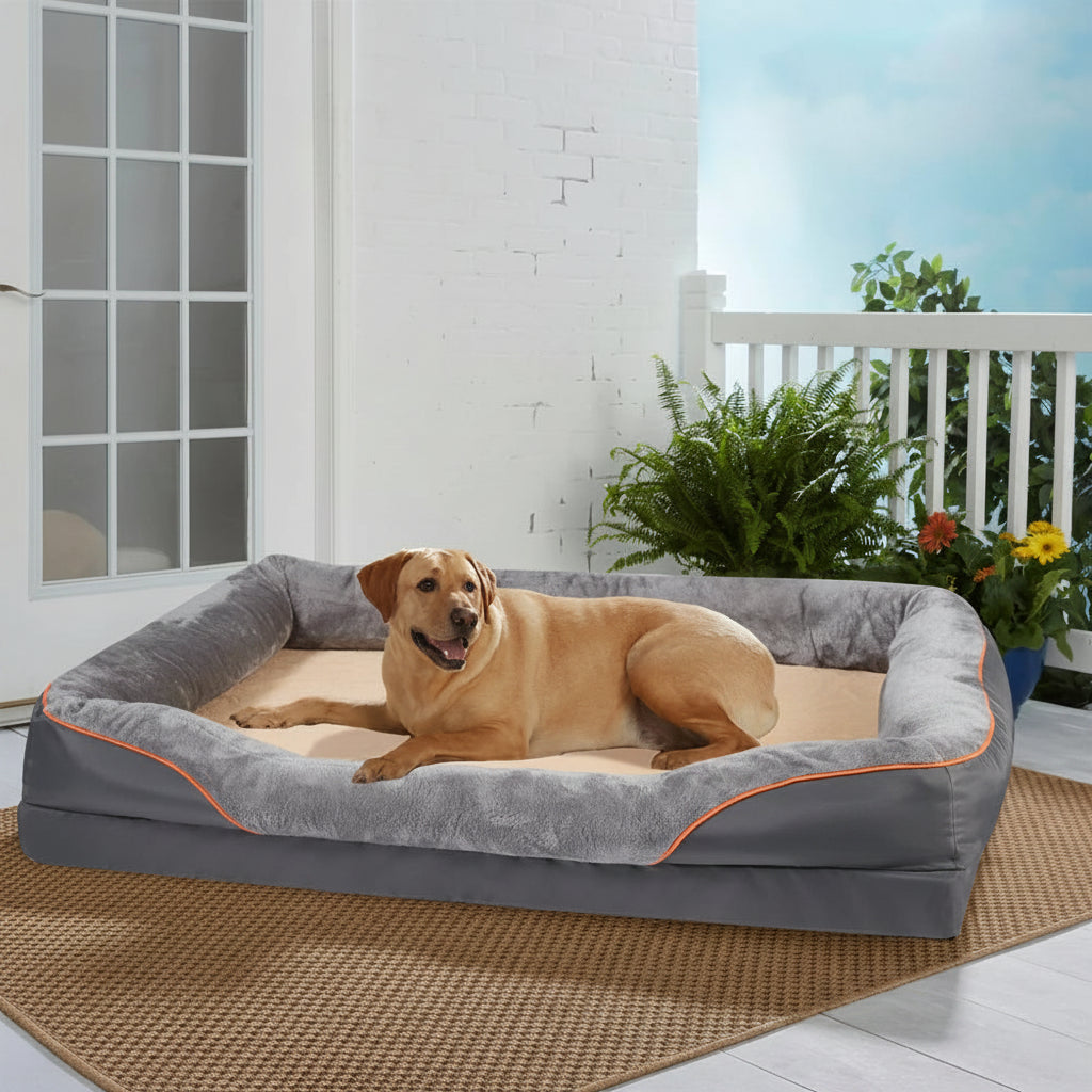 Child hugging dog on PoshPup SofaLux XL orthopedic bolster sofa dog bed