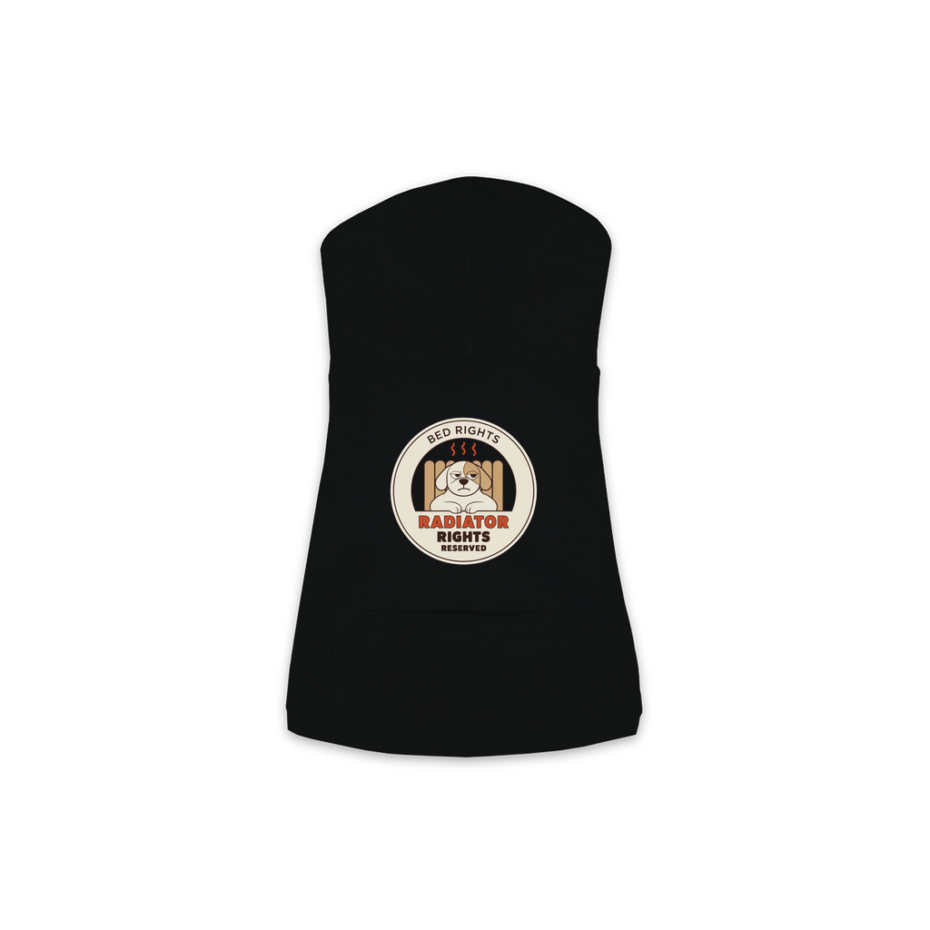 Radiator Rights Reserved dog hoodie in black, sizes XS to M