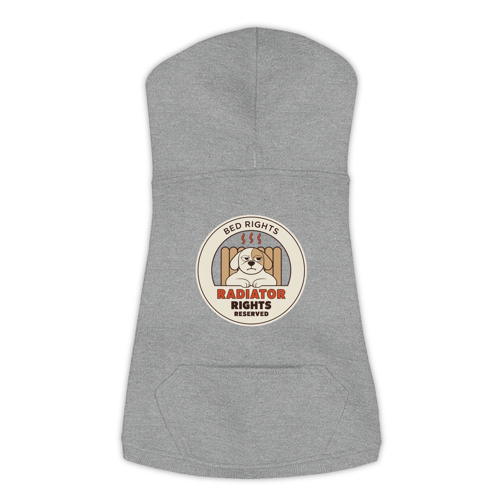 Radiator Rights Reserved funny dog hoodie in granite heather grey, sizes L to 3XL