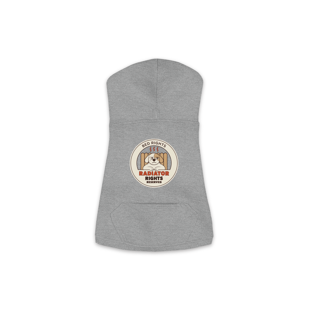 Radiator Rights Reserved dog hoodie in granite heather grey, sizes XS to M