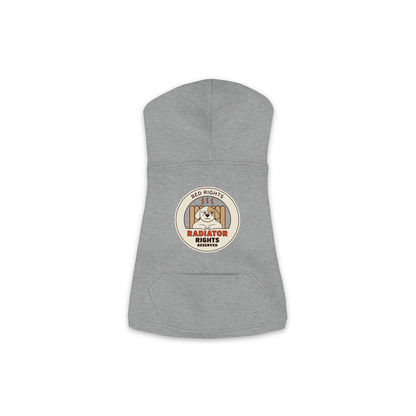 Radiator Rights Reserved dog hoodie in granite heather grey, sizes XS to M