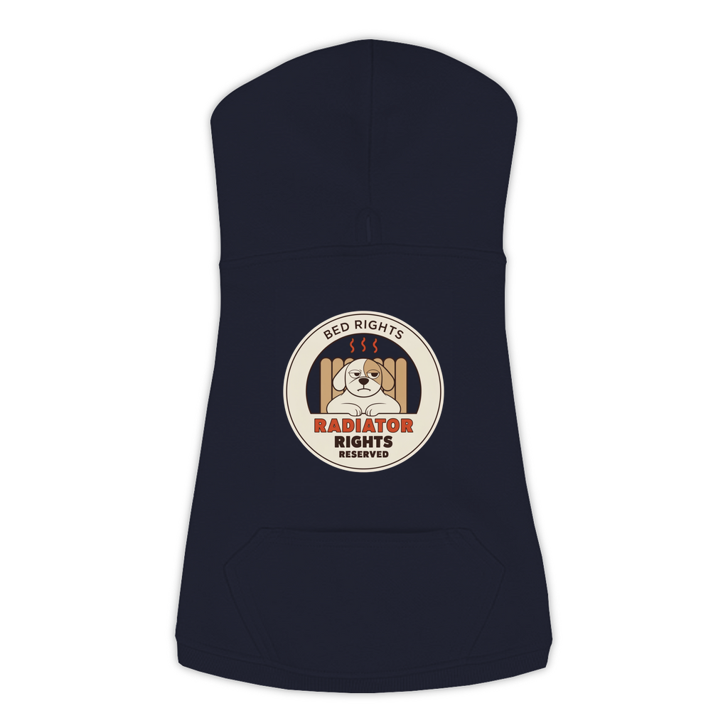 Radiator Rights Reserved funny dog hoodie in navy, sizes L to 3XL