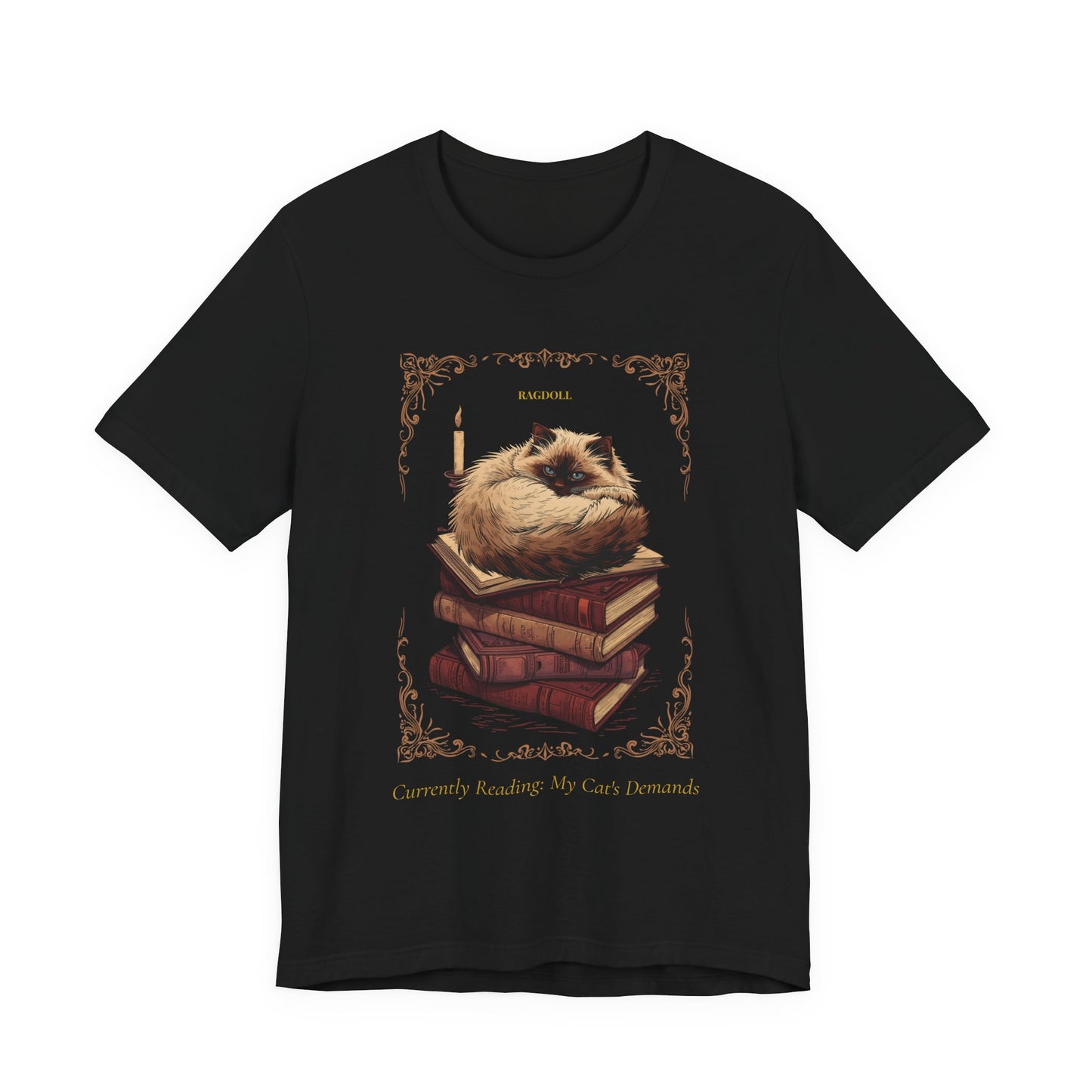 Ragdoll cat t-shirt black colourway on model