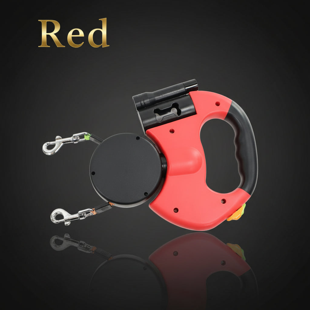 Red retractable dog leash with flashlight on a white background