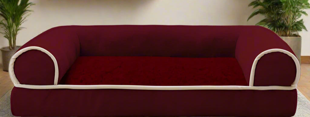 Red wine suede pet sofa bed with high bolsters and fleece sleeping surface — Sniff Waggle And Walk