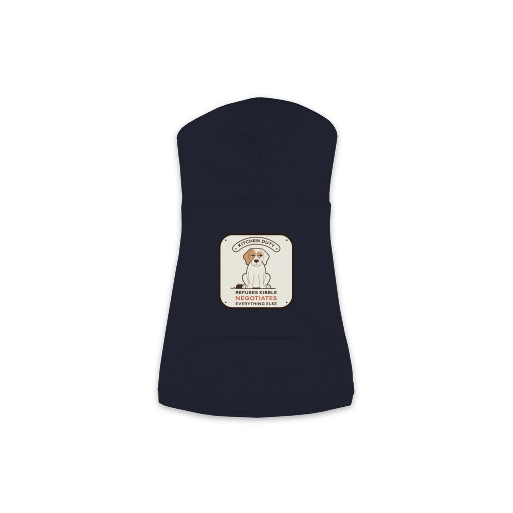 Refuses Kibble Dog Hoodie in Navy, sizes XS-M