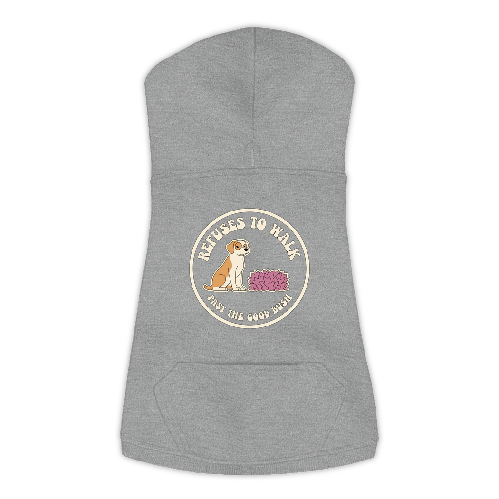 Refuses To Walk Past The Good Bush dog hoodie in Granite Heather - back print, sizes L to 3XL