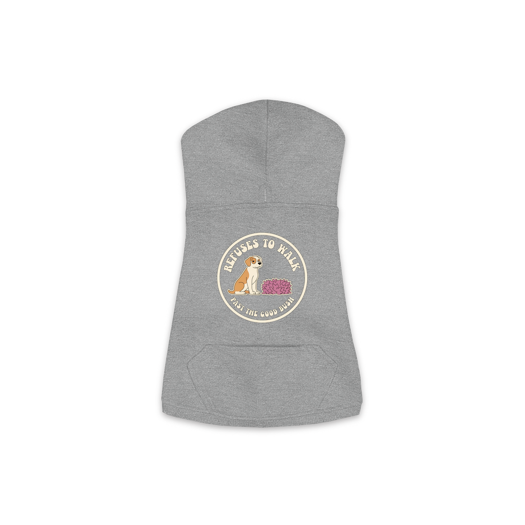 Refuses To Walk Past The Good Bush dog hoodie in Granite Heather - back print, sizes XS to M