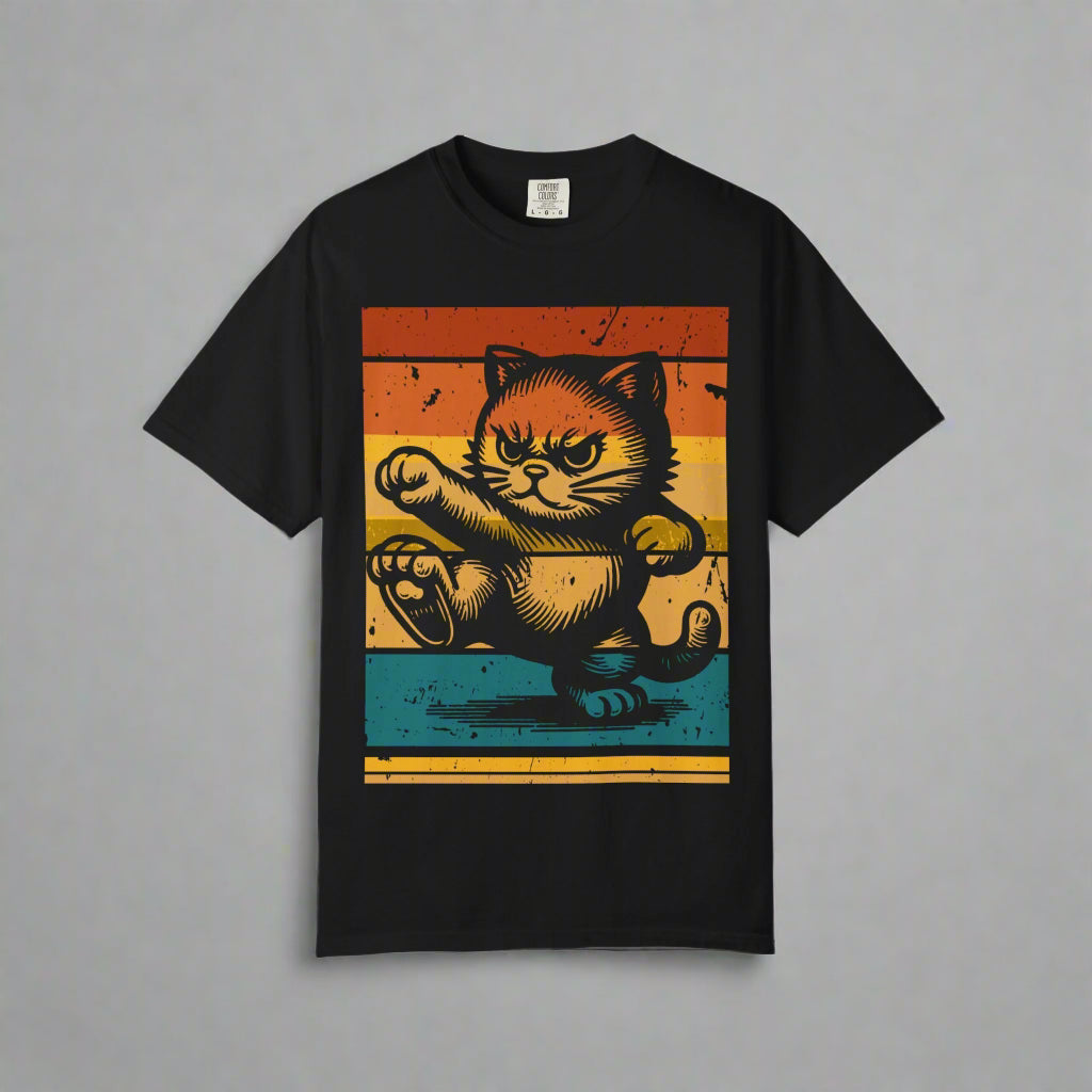Retro Karate Cat t-shirt in Black, design close-up