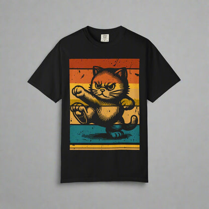 Retro Karate Cat t-shirt in Black, design close-up