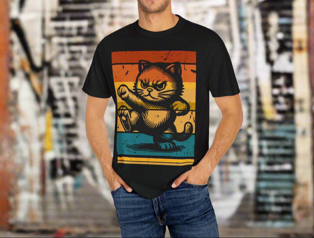 Retro Karate Cat 80s t-shirt in Black, front view
