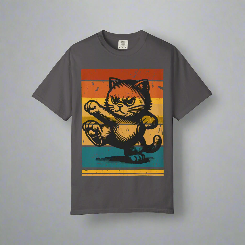 Retro Karate Cat t-shirt in Graphite, design close-up