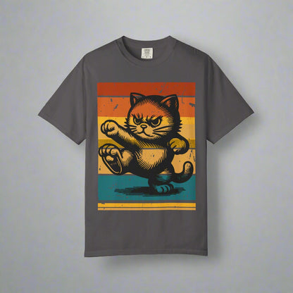 Retro Karate Cat t-shirt in Graphite, design close-up