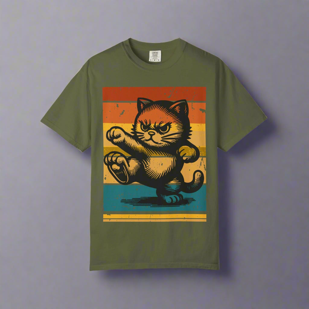 Retro Karate Cat kitten t-shirt in Khaki, alternate view