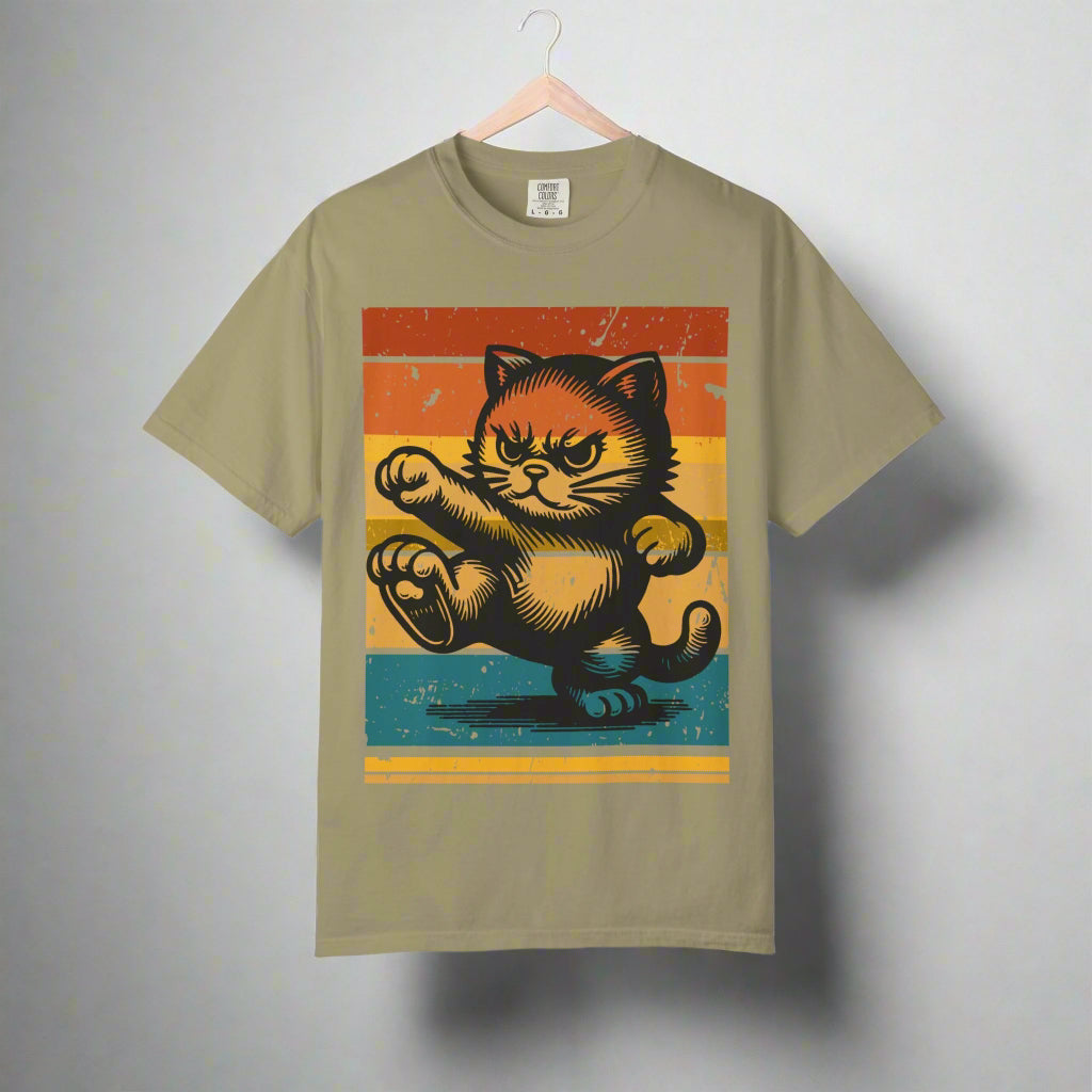 Retro Karate Cat t-shirt in Khaki, front view