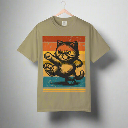 Retro Karate Cat t-shirt in Khaki, front view